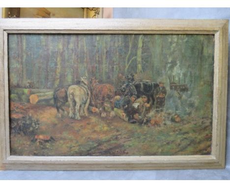 AN EARLY 20TH CENTURY IMPRESSIONIST LOGGING SCENE, with workmen and horses by camp fire, unsigned, oil on board, framed, 38 x