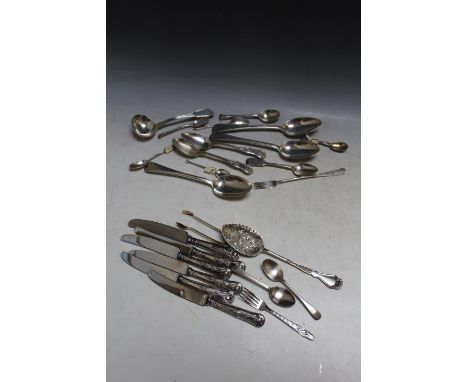 A COLLECTION OF HALLMARKED SILVER FLATWARE, various dates, makers and styles, to include three table spoons dated London 1844