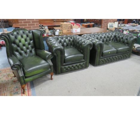 A GREEN LEATHER CHESTERFIELD SETTEE WITH CLUB CHAIR AND WINGBACK ARMCHAIR&nbsp;General condition is good with no obvious dama