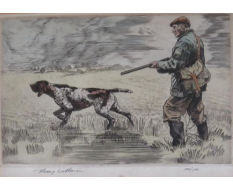 HENRY WILKINSON (1921-2011). Study of a huntsman and hound in a stormy marshland setting, signed in pencil lower left, limite