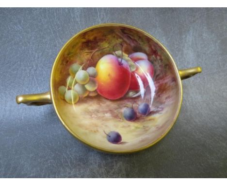 A ROYAL WORCESTER TWIN - HANDLED CABINET CUP DECORATED BY H.H. PRICE, painted puce marks to the base, Dia. 16 cm&nbsp; Condit