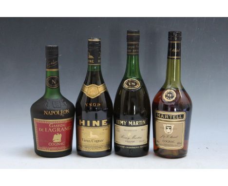 FOUR BOTTLES OF COGNAC, consisting of one bottle of Martell VS 3 star, one bottle of Hine Vieux Cognac, one bottle of Remy Ma