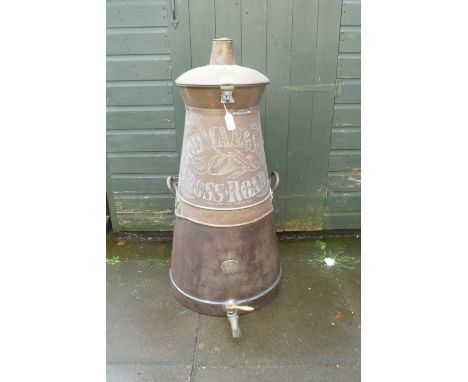 A VICTORIAN BRASS ADVERTISING 17 GALLON MILK CHURN. ENGRAVED TO FRONT- GODMAN &amp; SONS, CROSS ROAD, makers mark H. King 23 