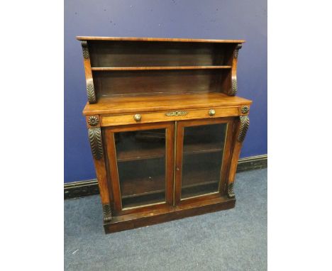 A 19TH CENTURY MAHOGANY CHIFFONIER OF SMALL PROPORTIONS, having an open structure to the base, above a single frieze drawer a