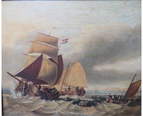 CIRCLE OF HENRY REDMORE (1820-1887). Stormy coastal seascape with sailing vessels and figures in a swell, unsigned, oil on pa