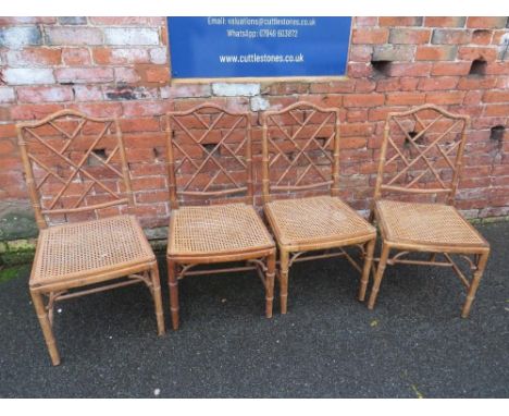 A SET OF FOUR ANTIUE CHINESE CHIPPENDALE REVIVAL FAUX BAMBOO CHAIRS, with bergere seats - Two seats have damage to the rattan