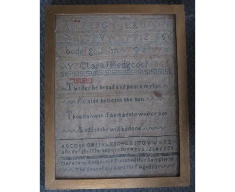 A 19TH CENTURY SAMPLER - CLARA JANE WEDGCOCK 1866, framed and glazed, 39 x 29 cm