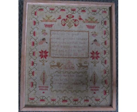GEORGIAN SAMPLER - MARY BELL 1826, framed and glazed, 37 x 31 cm
