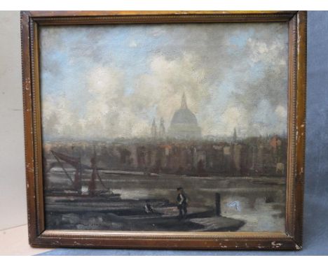 AN IMPRESSIONIST THAMES RIVER SCENE, with figures and Thames barges, St. Pauls beyond, unsigned, dated 1907 lower left, oil o