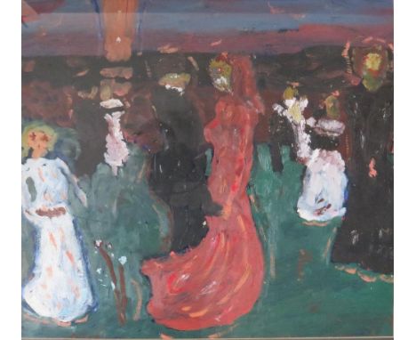 A 20TH CENTURY IMPRESSIONIST STUDY OF FIGURES AT A WEDDING PARTY, landscape beyond, unsigned, oil on board, framed and glazed