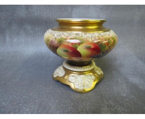 A ROYAL WORCESTER PAINTED FRUIT PEDESTAL URN SIGNED H AYRTON, gilded decoration throughout, puce factory mark to the base, H 