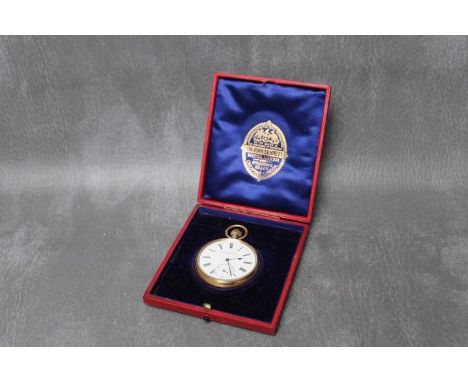 A HALLMARKED 18 CARAT GOLD OPEN FACED MANUAL WIND POCKET WATCH BY SIR JOHN BENNETT, in original fitted box, approx weight 111