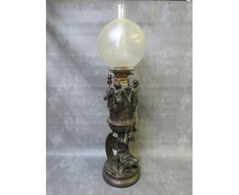 A 19TH CENTURY BRONZE OIL LAMP AND GLOBE, the oil lamp decorated with various mythological figures, H 58 cm, overall H 79 cmC