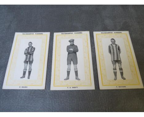 THREE WOLVERHAMPTON WANDERERS 1921 PAULTON GOLD FRAME FOOTBALL TRADE CARDS, comprising Baugh R. Jnr, T.A. Croft, T. Mayson