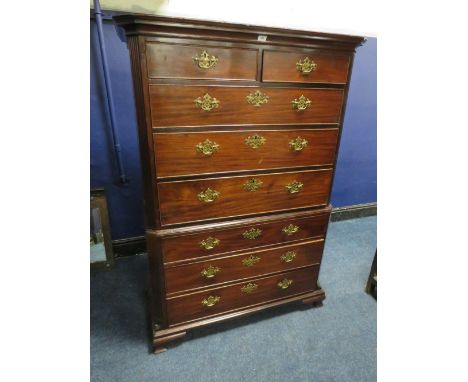 A 19TH CENTURY MAHOGANY CHEST ON CHEST, the upper section with an arrangement of two short above three longer graduated drawe