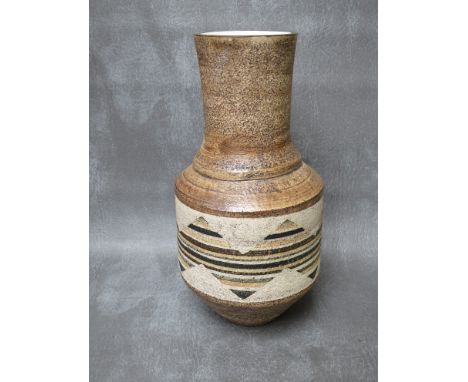 A LARGE TROIKA CYLINDRICAL BALUSTER VASE, decorated with a geometric pattern, initialled 'possibly Holly Jackson', H 25.5 cm 