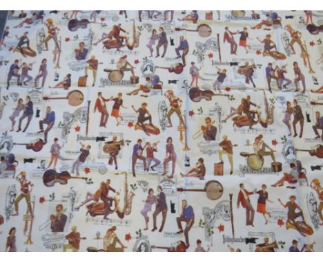 A VINTAGE / RETRO PVC TYPE FABRIC PANEL, jazz music / musician themed depicting couples dancing, on a scooter etc,. with musi