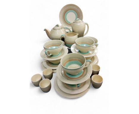 A Susie Cooper Kestrel shape part tea service,&nbsp; banded in green, tan and grey, for six, comprising cups, saucers, side p