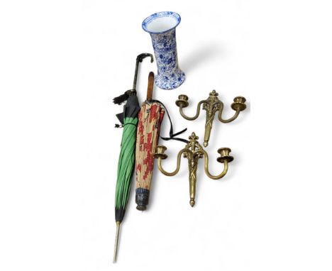 A pair of brass two light wall lights; a mid 20th century umbrella;&nbsp; a parasol;&nbsp; etc 