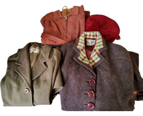 A mid 20th century DAKS tweed overcoat;&nbsp; a Hershelle model wool cape;&nbsp; a Dents Gazerda suede jacket;&nbsp; a Lillyw