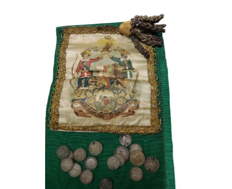 A green &nbsp;moire taffeta type fabric sash, printed with pictorial panel&nbsp; for Independent Order of Oddfellows;&nbsp; s