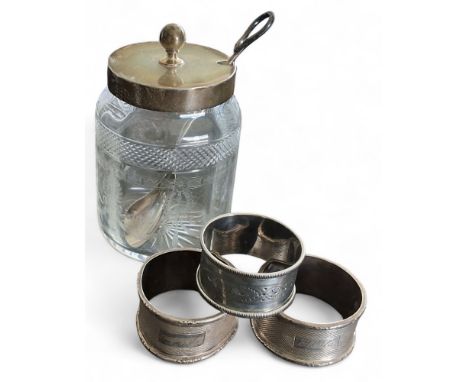 An Edwardian silver &amp; glass preserve jar &amp; spoon, ball finial,&nbsp;J Sherwood &amp; Sons, Birmingham, 1906, 44.5g (s