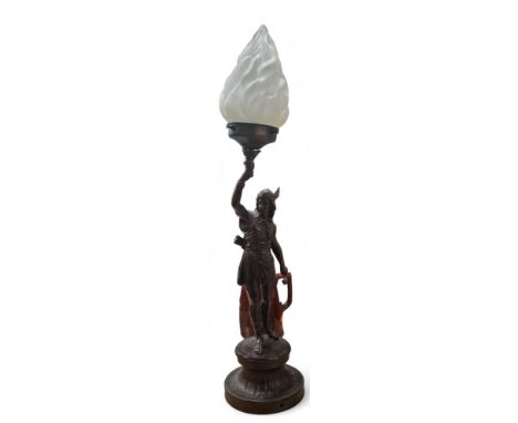 A late 19th century spelter figural lamp, of a Ajax, frosted flame shade, 69cm high, c.1880 