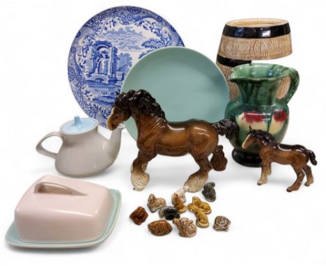 A Beswick shire, bay, cantering,&nbsp; 20cm high, printed mark;&nbsp; &nbsp;a Shire foal;&nbsp; &nbsp;Poole teapot, butter di