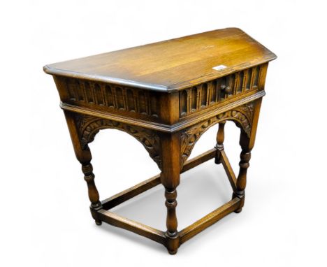Please see all images - An Ercol blue label canted hall table; a dining table with six chairs and bureau 