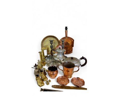 Metal Ware - a&nbsp; four piece hammered pewter tea service;&nbsp; a pair of E.P.B.M. candlesticks;&nbsp; a brass page turner