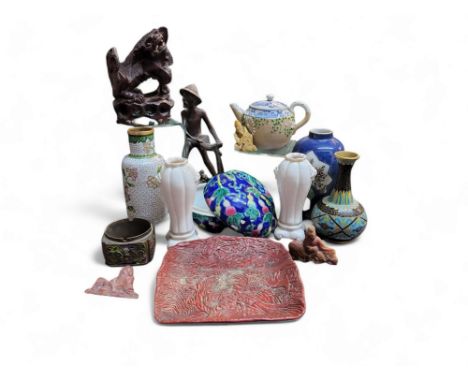 A Japanese cinnabar lacquer&nbsp; tray,&nbsp; in relief with cranes, 16cm wide. Meiji period; a Japanese cloisonne vase, 16cm