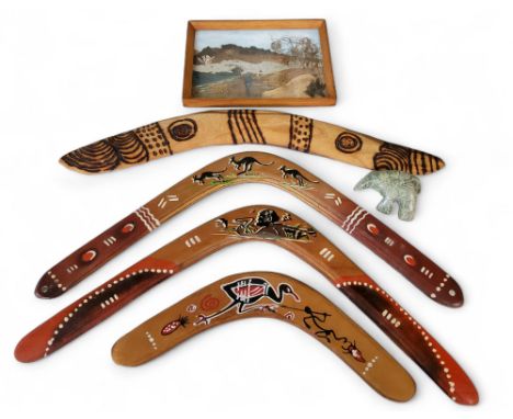 Aboriginal Art - a boomerang, naively painted with kangaroos;&nbsp; others;&nbsp; a bark and foliage collage;&nbsp; &nbsp;a h