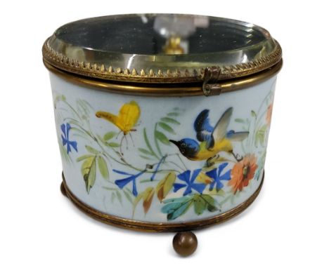 A French palais royale porcelain circular trinket pot, mirror to cover, the sides painted with bird and colourful foliage, ba