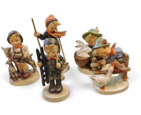 A Goebel figure, by MI Hummel, Little Goat Herder, large bee mark, 200/0;&nbsp; others, Skier, Playmates, Sweep,&nbsp;Barnyar