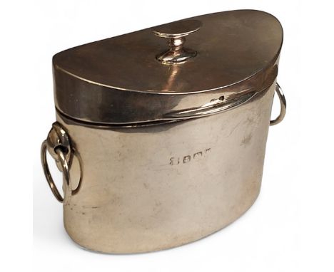 A silver oval tea caddy, hinged cover, ring handles,&nbsp;Martin Hall &amp; Co Ltd?, Birmingham, 1918, 110.59g 