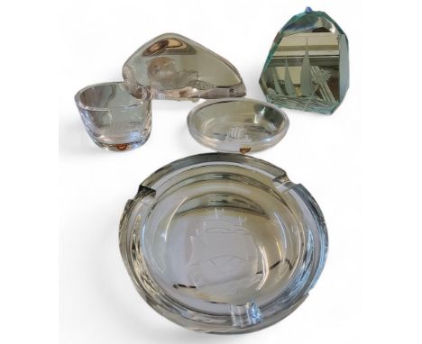 A Mats Jonasson Sweden lead crystal desk weight, engraved with a bear, 16cm wide;&nbsp; an Orrefors dish, engraved with a Vik
