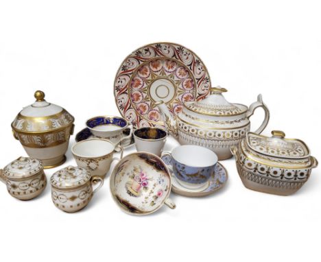 A Spode boat shaped teapot, cover and sucrier and cover, pattern 318, decorated in gilt, 17cm high, c.1810; a Wedgwood Bute s