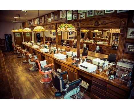 Barber Shop Fitting &amp; Interior - three 1970's teak school cupboards and a bank of drawers, the entire mirror surround arc