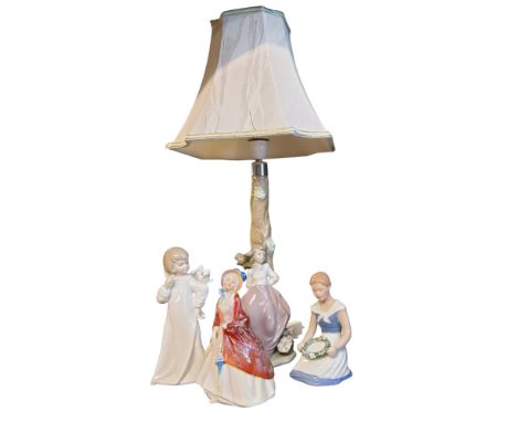 A Nao figural lamp, she stands with her hair in the wind, by a basket, 33cm high, printed mark;&nbsp; &nbsp; a Copenhagen fig