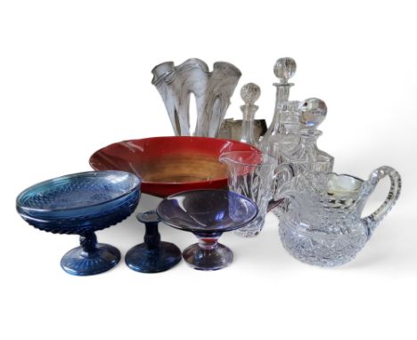 Glassware - a ship's decanter and stopper;&nbsp; others;&nbsp; a heavy cut glass water jug;&nbsp;a large Art Glass handkerchi
