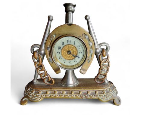 Equestrian Interest - a Victorian novelty clock, Arabic numerals, the case cast with horseshoe, bit and hunting horn, oval ba
