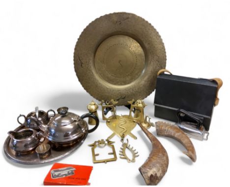 An E.P.N.S. three piece plated tea service;&nbsp; a circular plated tray;&nbsp; &nbsp;folding opera glasses;&nbsp; a pair of 