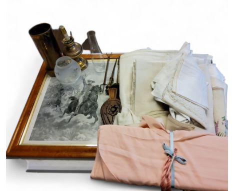 Linen and Lace - table cloths;&nbsp; napkins;&nbsp; sheets, pillow cases;&nbsp;&nbsp;An early 20th century brass fireside set