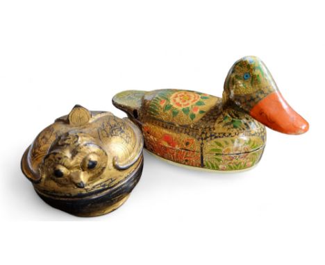 A Chinese papier-mâché&nbsp;trinket box and cover, in the form of a duck, 17cm wide;&nbsp; another, owl, 7cm diam (2) 