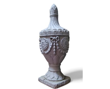 A Regency style urnular finial, wrythern fluted to the acanthus frieze above Neoclassical swags with intermitted floral bosse