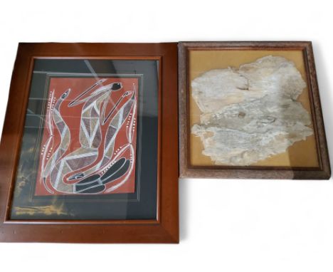Aboriginal School, Mermaid and Snakes, oil on paper, 40cm x 31cm;&nbsp; &nbsp;another, Bark, 41cm x 40cm 