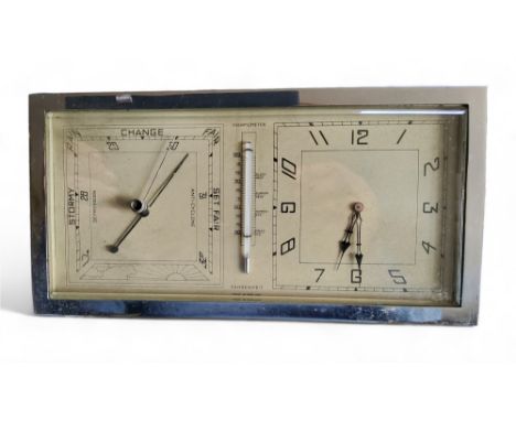 An Art Deco rectangular chrome weather station, with barometer, clock and thermometer, 24cm wide, c.1930 
