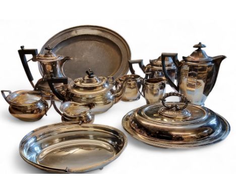 Plated Ware - a four piece E.P.N.S. panelled boat shaped tea service;&nbsp; &nbsp;another;&nbsp; an entrée dish and cover, ba