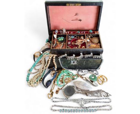 A green Moroccan leather jewellery case,&nbsp; with key containing faux pearls, jade pendant, earrings, mother of pearl brooc
