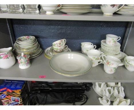 A Wedgwood Apple Blossom part tea set, a Crown Staffordshire part dinner set, Indian Tree cups and saucers and plates and two